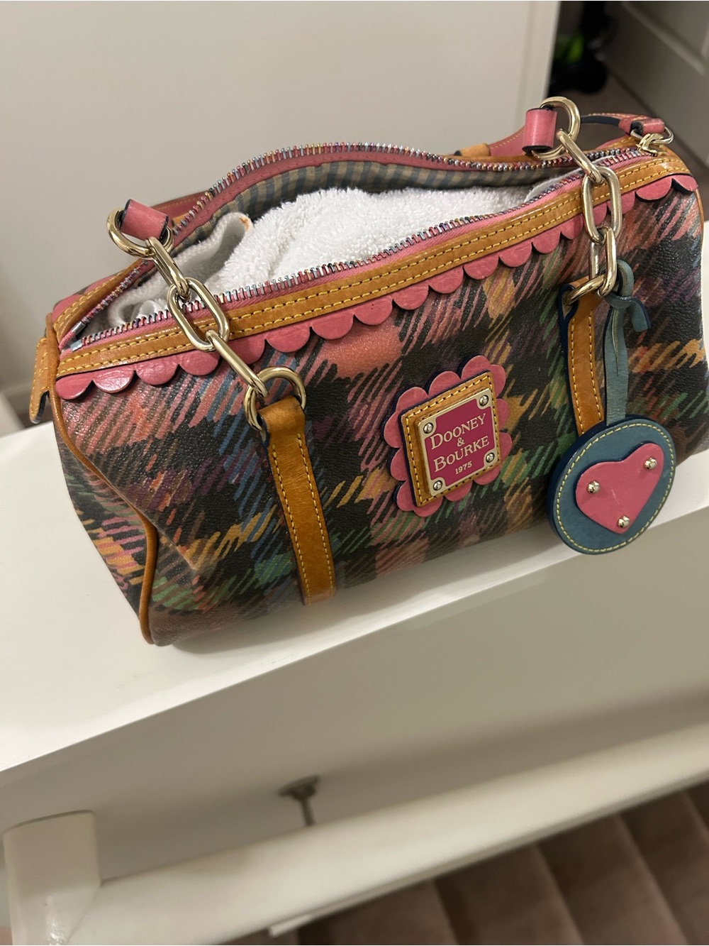 Dooney & Bourke Multicolor Plaid Leather Satchel with Pink Heart Charm #Vintage - Picture 5 of 5